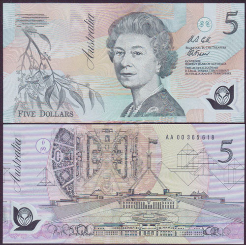 1992 Australia $5 Fraser/Cole (dark-1st prefix) Unc L001721
